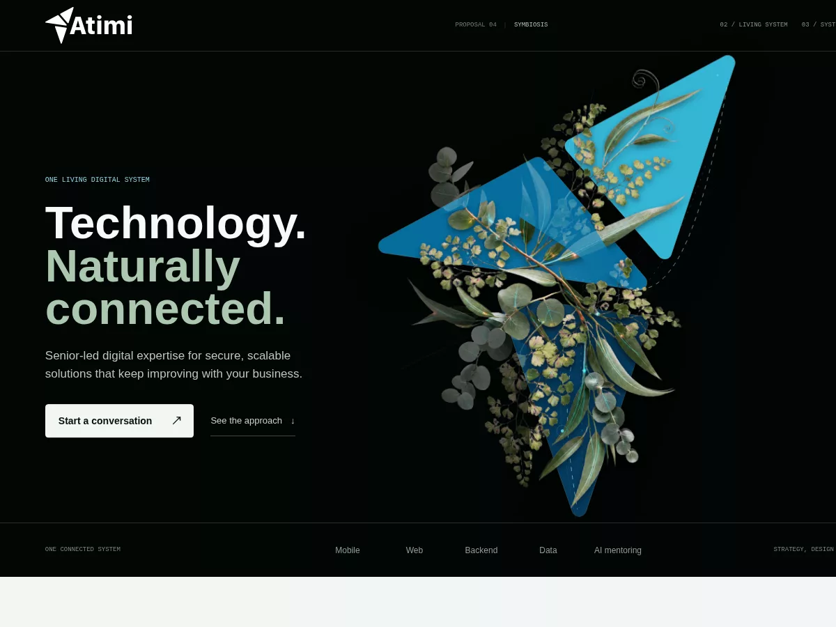 Atimi — Symbiosis living digital organism homepage proposal