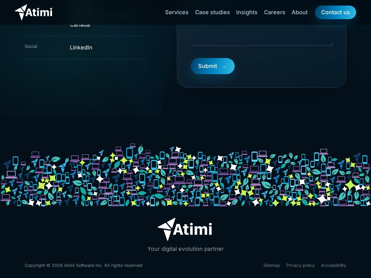 Atimi — Final: the Atimi homepage with the live interactive icon footer integrated